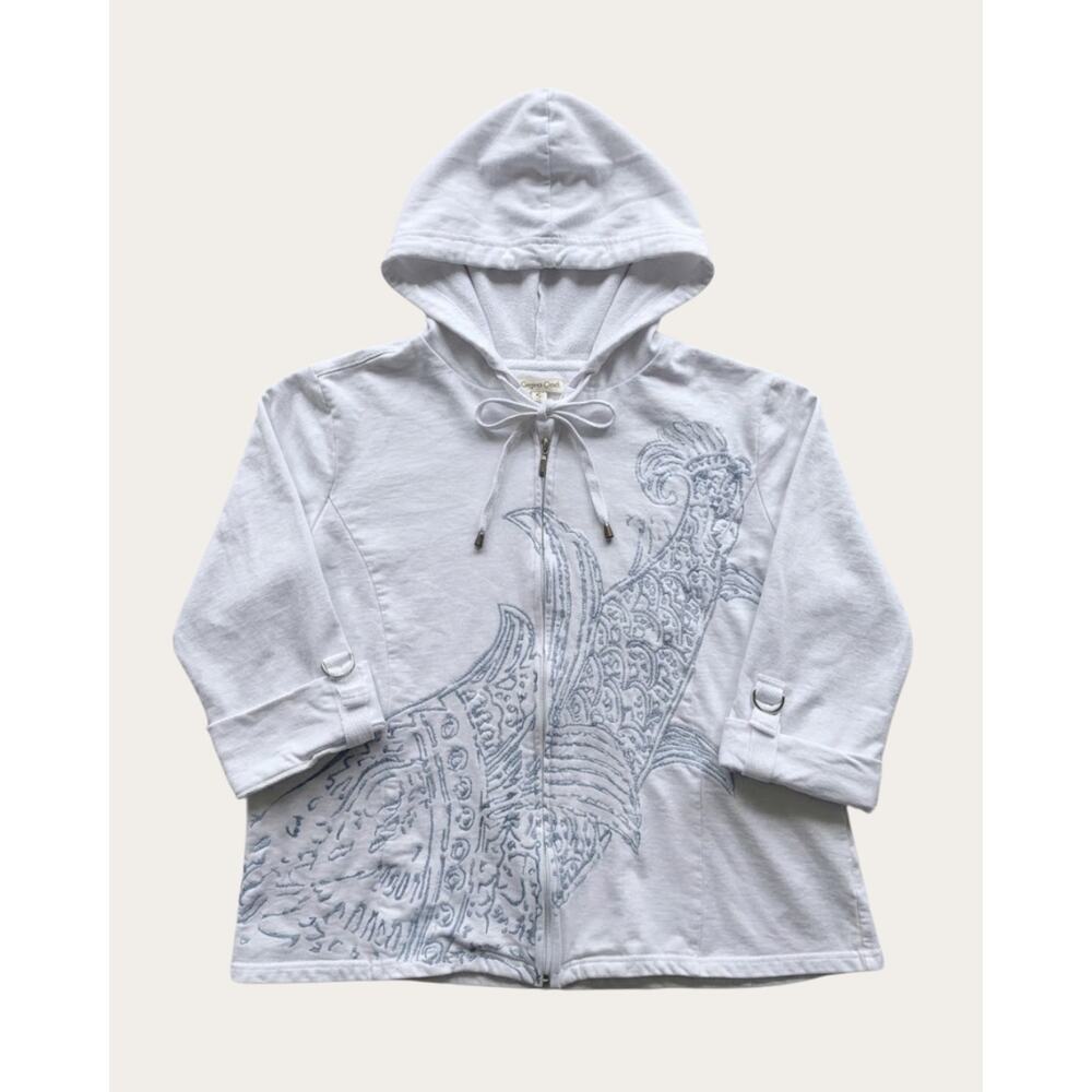 Coldwater Creek Women’s White Embroidered Zip Hoodie Jacket Boho Floral Size XL